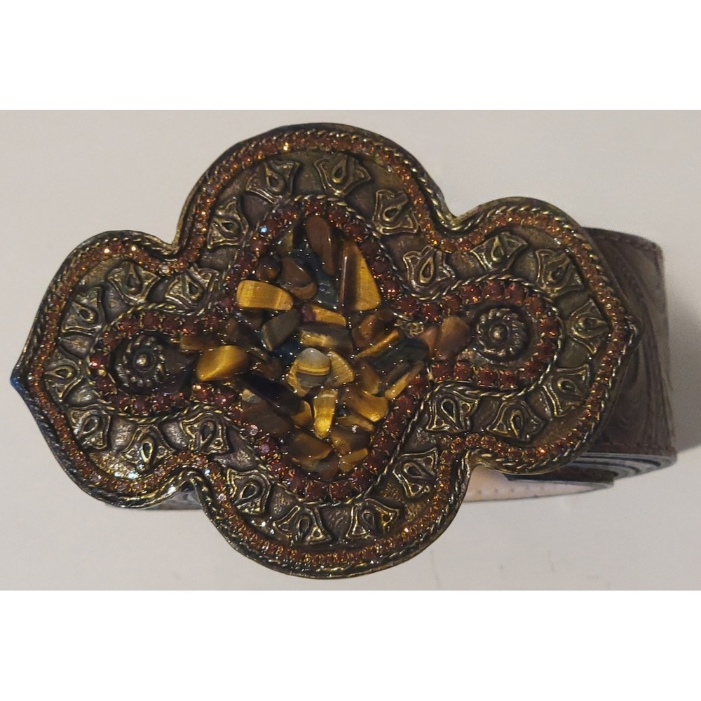 NWOT Leatherock Women's Y2K-era Tiger Eye Chip Gemstone Embossed Leather Belt